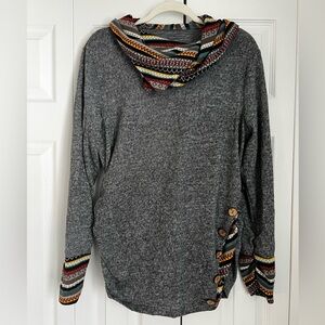 NWT- Hooded, cowl neck knit top with colorful accents and buttons Size 2XL
